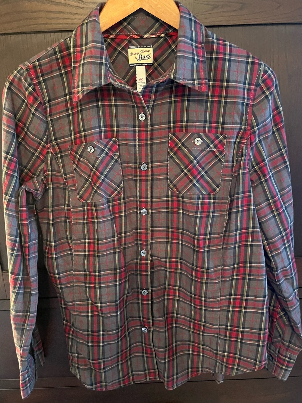 Bass Womens Red Gray Plaid Button-Down Shirt Rustic Outdoorsy Classic